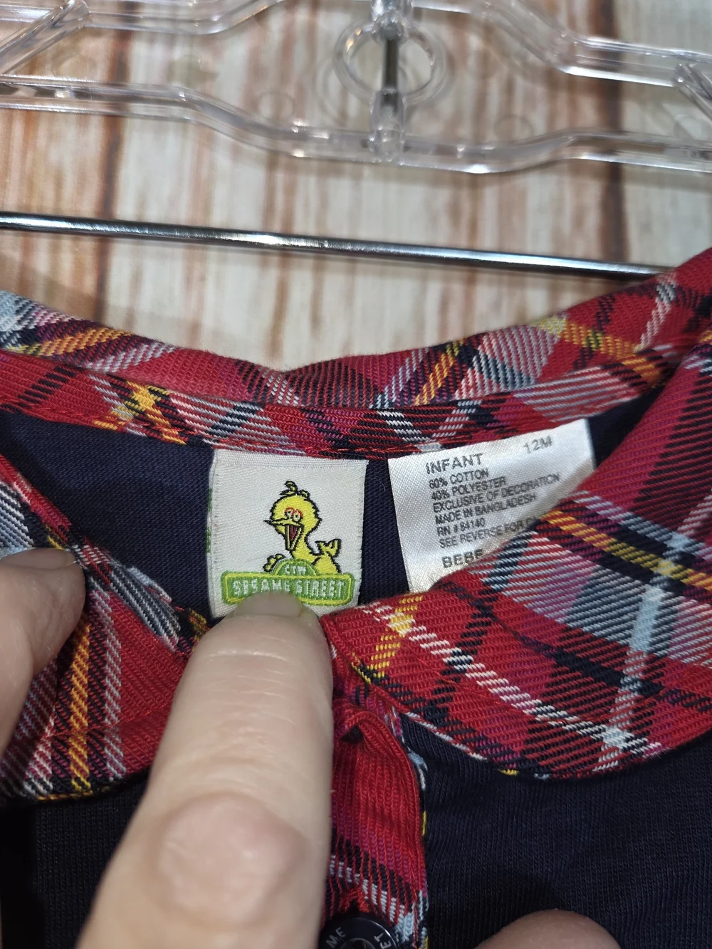 Vintage New Stock Sesame Street Navy Baby Onesie with Red Plaid Trim. 12m
